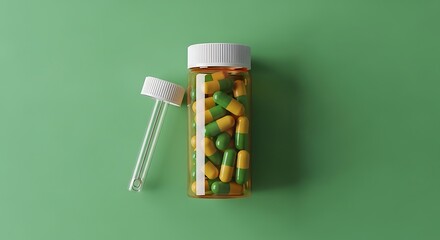 Bottle of Colorful Capsules with Dropper on Green Background Still Life
