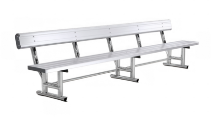 Long, empty aluminum bench featuring a backrest, positioned against a transparent background, perfect for providing comfort to players and coaches during intense sports competitions