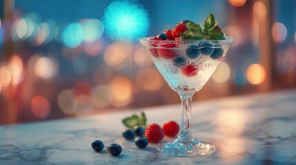 Tricolor cocktail with blueberries, raspberries, and mint, celebrating French National Day with festive elegance.