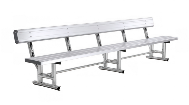 Long, empty aluminum bench featuring a backrest, positioned against a transparent background, perfect for providing comfort to players and coaches during intense sports competitions