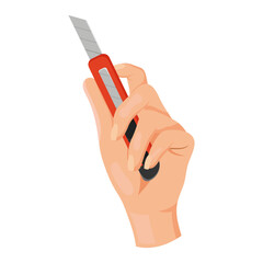 Human hand holding a red utility knife with silver blade, flat graphic style, isolated on white background. Concept of safety and tools. Vector illustration