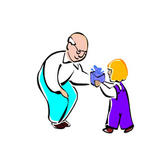 Grandfather giving a gift to grandchild