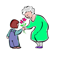Grandmother and child exchanging flowers
