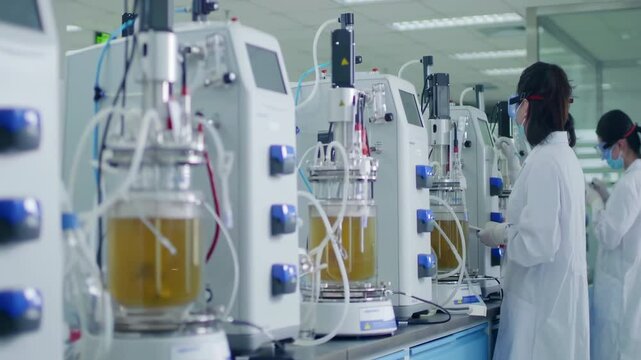 Medical research scientists conducting biological experiment on Cell culture essay with help of high tech equipment machine lab in cleanroom environmental facility - Powered by Adobe