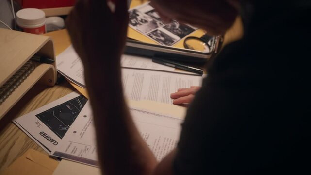 Man reading and looking at classified secret documents and reports on office desk. Agent spy or government mole or journalist reporter investigating and analyzing confidential sensitive text and info