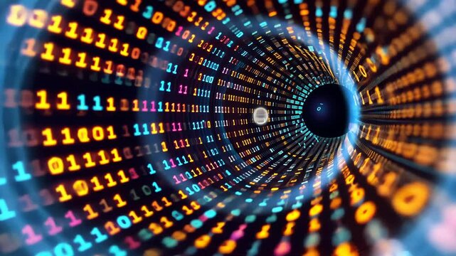 Dynamic data tunnel with pulsating binary code in futuristic digital space. Big data visualization
