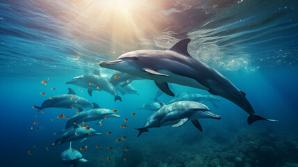 Obraz premium Group of dolphins swimming gracefully in clear blue sea