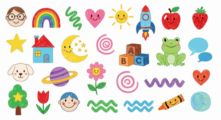 Crayon-Style Doodle Collection with Cute Characters, Nature, and Space Elements