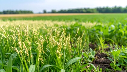 Obraz premium Agricultural field revealing verdant oat plants, green stalks swaying with shallow depth creating soft landscape backdrop