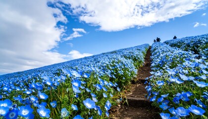 Blue flower hill path with spring sky.