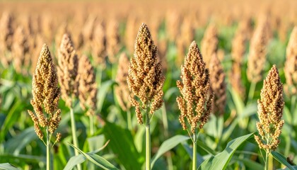 Mature sorghum stalks swaying golden in sunlight, representing agricultural sustainability and bountiful crop potential