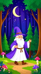 Wizard walks moonlit forest path.