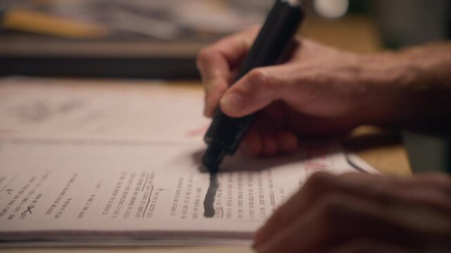 Close up - Agent or government official erasing and hiding sensitive information. Person using black marker to censor important official text on document or report. Conspiracy or evidence cover up