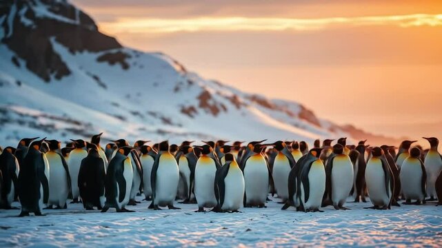 Gentoo penguin colony in the South Pole, Antarctic Peninsula. A large group of wild animals resting on a snowy hill, cold sea and mountains in the background. 4k video