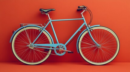 Classic Blue Bicycle Against Vibrant Orange Background
