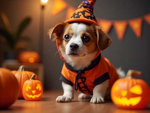 Dog in Halloween costume looking curiously at festive decorations while enjoying a celebration