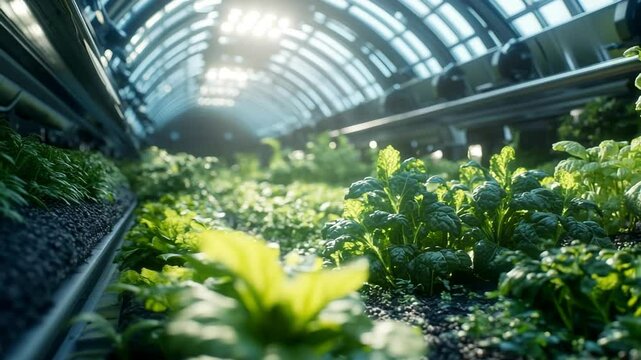 Advanced greenhouse interior with a semi-transparent solar canopy, showcasing vibrant vegetable growth under ray-traced sunlight, emphasizing sustainable and futuristic agricultural technology.