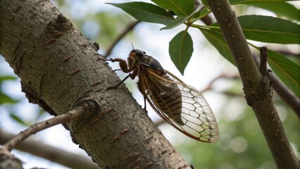 A single cicada clinging to a tree branch showcasing its textured exoskeleton in a natural environment captured from a close-up viewpoint.