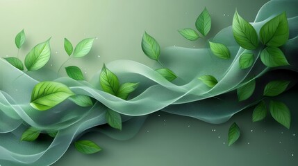 Elegant Green Leaf Design with Soft Fabric Waves and Space