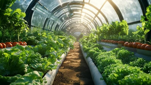 Futuristic greenhouse with a semi-transparent solar canopy, cultivating diverse vegetables in raised beds under natural and ray-traced light, showcasing eco-friendly agricultural innovation