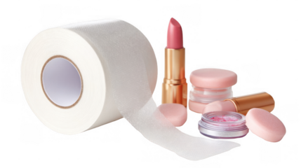 Partially unrolled roll of face tape is lying near various beauty products, including lipstick, lip gloss, and blush, arranged on a transparent background, creating a concept of beauty and skincare