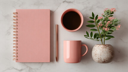 Flat lay of pink notebook, pen, coffee cup, and flower pot on a marble surface top view aesthetic shot.