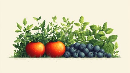 Fresh Tomatoes and Blueberries with Herbs on Neutral Background