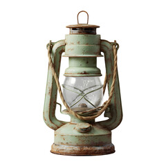 Rustic Green Lantern: A vintage-style green metal lantern with a rustic finish, featuring a clear glass globe and rope handle, evokes a sense of nostalgia and adventure.