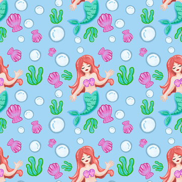Ocean Life Fun Pattern with mermaid and bubble pattern small picture