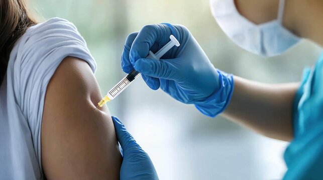 A healthcare worker administers a vaccine to a patient in a hospital setting.