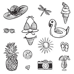 Summer vacation equipment. Straw hat, swimming suit, dragonfly, flamingo inflatable float, camera, beverage in black brush stroke texture. Hand drawn vector sketch illustration in vintage charcoal ink