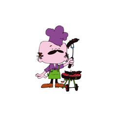 Cartoon chef grilling meat on a barbecue