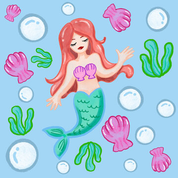 Cute Mermaid Underwater World