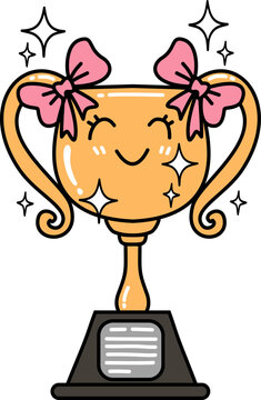 Retro Groovy Cartoon Trophy with Pink Bows Illustration