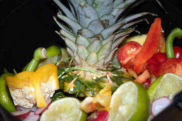 Close up of fruit skins ready to be recycled on to a compost