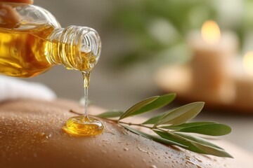 Close up of golden oil being poured onto skin during massage session for wellness and relaxation, surrounded by spa elements and a calming atmosphere.
