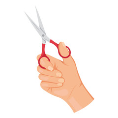 Human hand holding small red-handled scissors in upright position, flat graphic style on white background. Concept of cutting or crafting. Vector illustration