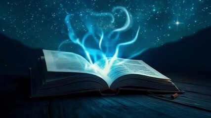 Magical Book Glowing Pages Under Starry Night Sky