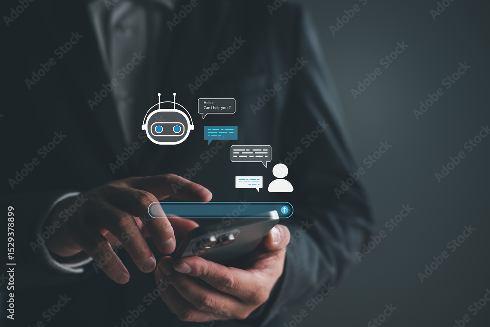 Aufkleber AI chatbot concept with businessman using smartphone, symbolizing smart customer support, automated communication and artificial intelligence in mobile digital service platforms.
