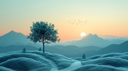 Serene Landscape with Tree and Mountains at Sunrise in Pastel Shades
