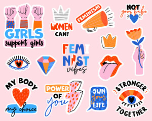 Feminist set of sticker. Vector illustartion with signs and slogans