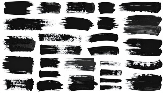 Calligraphy ink strokes set, expressive and dynamic, textured brush edges in black on white — ideal for digital art kits