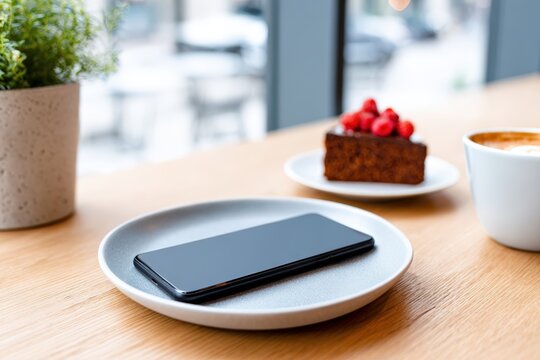 Smartphone placed on a round plate beside a slice of chocolate cake topped with raspberries, with a cup of coffee and a potted plant in a cozy cafe setting, showcasing a delightful dining experience - Powered by Adobe