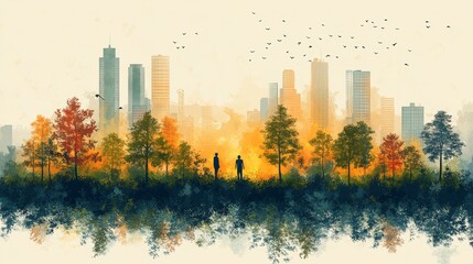 Urban Nature Harmony with Silhouettes and City Skyline in Sunset