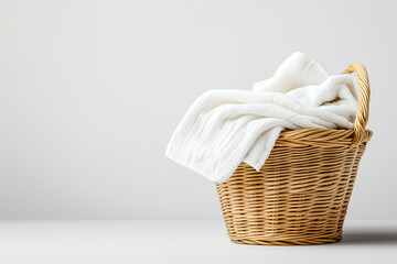 Cozy scene of a wicker basket filled with white blankets on a minimalist background, perfect for home decor.