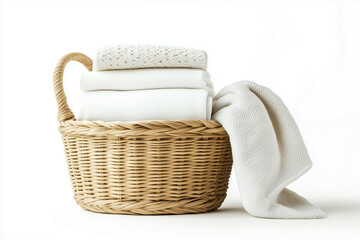 Fototapeta premium Cozy linen basket with neatly folded white towels and a soft blanket for a relaxing home atmosphere.
