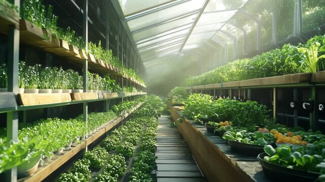 Inside a modern greenhouse with a semi-transparent solar canopy, rows of fresh vegetables and potted plants thrive under soft natural light, blending green technology and organic growth.