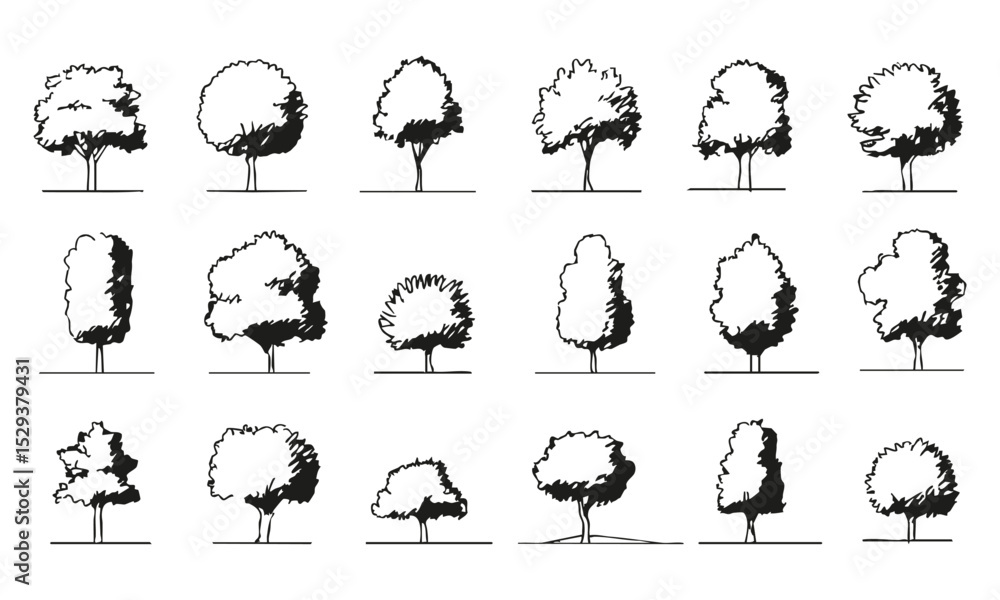 Poster silhouette trees in ink sketch style set. landscape architecture and garden design collection. natur