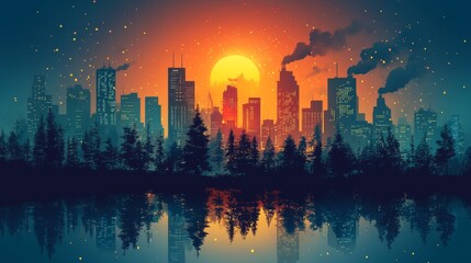 Sunset City Skyline with Forest Reflection in Calm Water