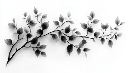 Delicate Black and White Illustration of Branch with Leaves